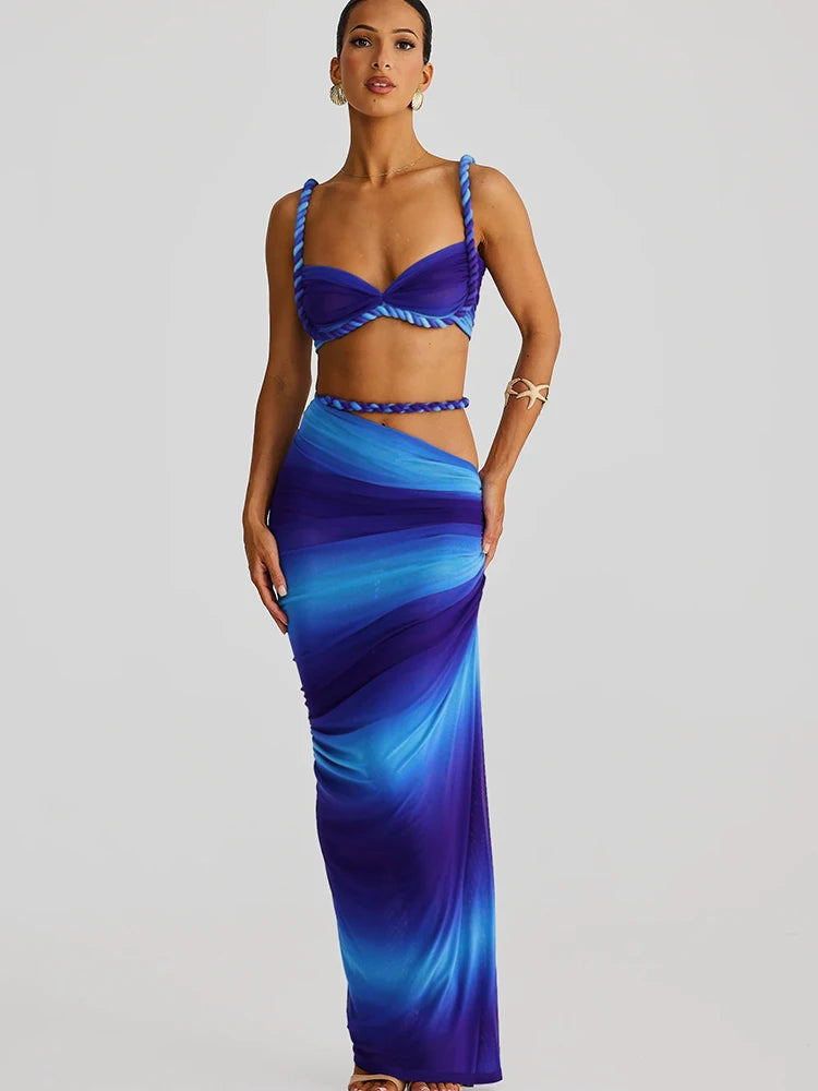 kliou Woven Sexy Women 2 Piece Set Stunning Hot Solid Pleated Crop Camisoles+High Waist Maxi Skirts Female Trend Vacation Outfit