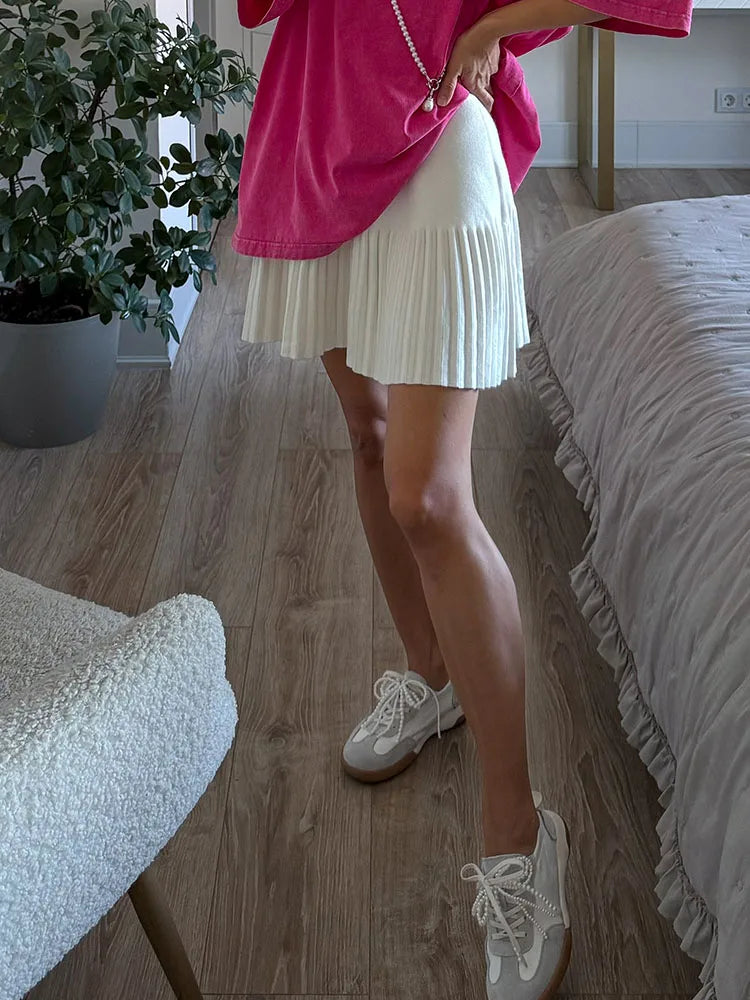 Black Mini Pleated Skirt Gray Women Elastic Waist Short Knitted Skirt For Autumn White A Line Knit Short School Skirt For Women