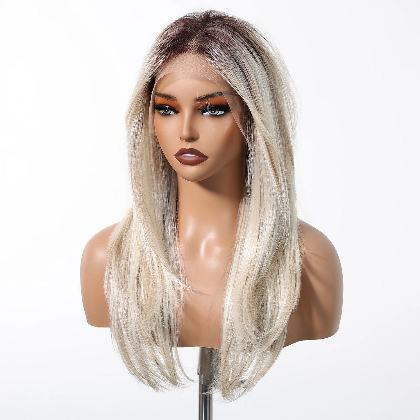Ombre Blonde Platinum Synthetic Lace Frontal Wigs Long Straight 13*6 Lace Front Wigs for Women Daily Heat Resistant Hairline Wig