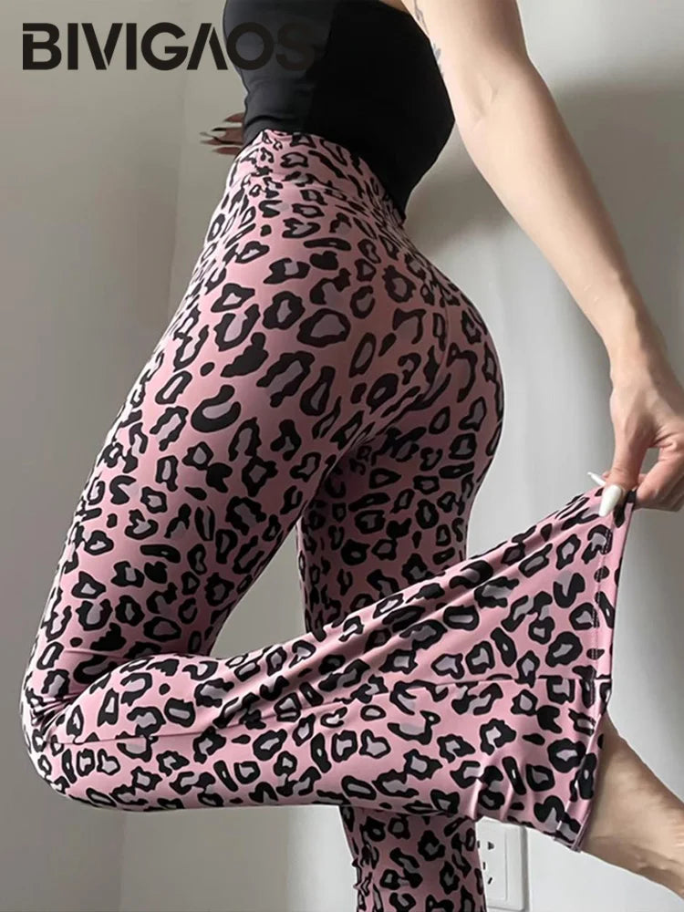 BIVIGAOS Spring Summer Leopard Print Flared Leggings Women Sharkskin High Waist Tight Sport Pilates Sexy Fitness Horseshoe Pants