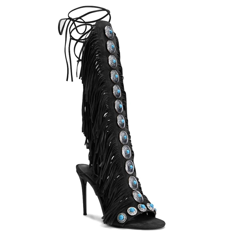 Real cow suede leather  tassels women sandal peep toe jewel lace up 10cm high heels