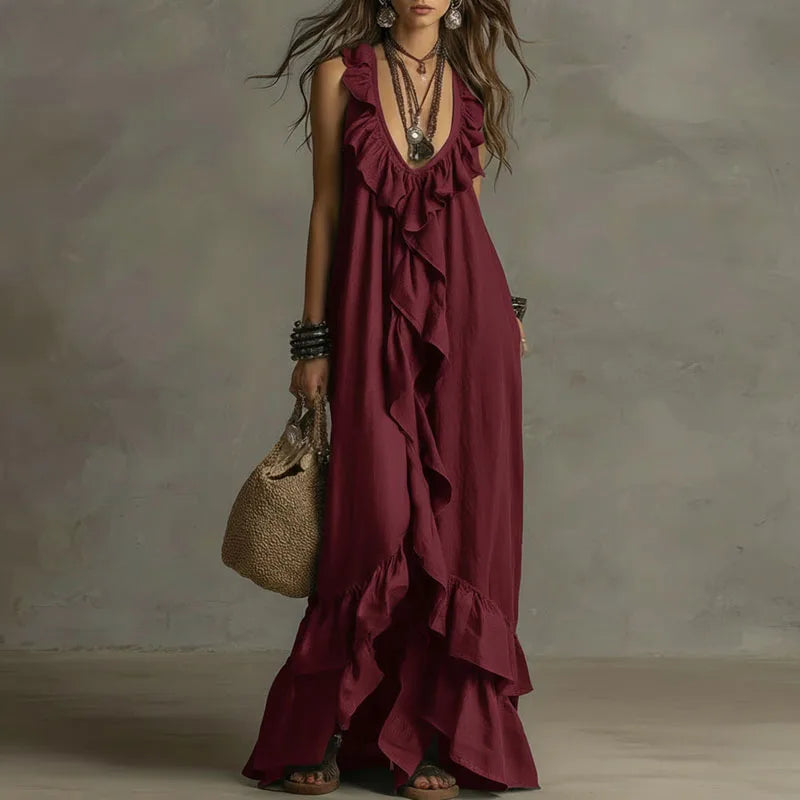 Sexy Deep V Neck Ruffle Loose Long Dresses Woman Spring Casual Solid Party Maxi Dress New Summer Sleeveless Vacation Beach Dress