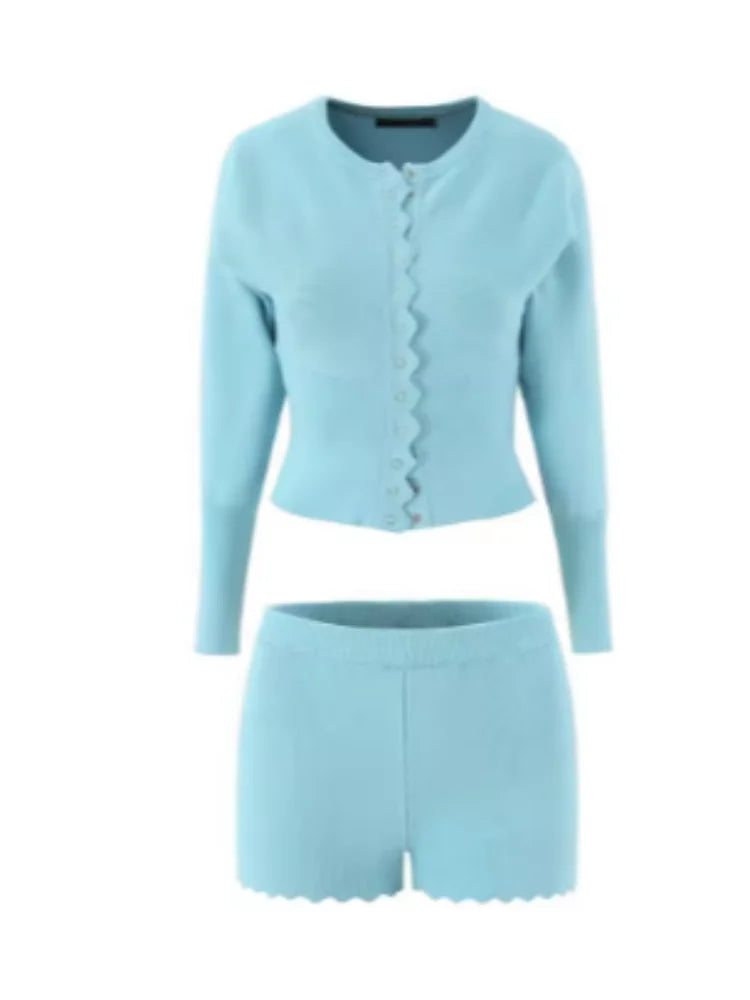 Casual Solid Long Sleeve Button Front Set Vintage Lace Trim Fitted Top High Waist Shorts Sets Youthful Daily Outfit 2026 Trendy