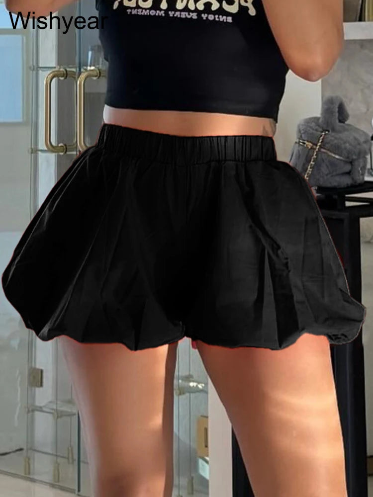 Casual Pleated Double Bubble Baddie Shorts for Women Elastic Waist Red Pants Summer Beach Y2k Streetwear Vacation Club Outfit
