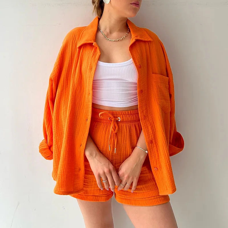 Summer Women's Suit Short Sets Outfits Muslin Suit For Women 2025 Two Piece Female Clothing Solid Button Outfits