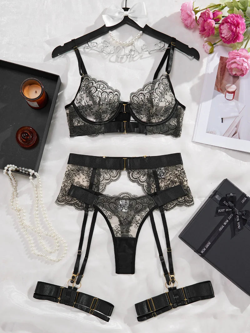 Luxury Black Flower Embroidery Lingerie Set Fancy Mesh Transparent Metal Buckle Bra And Thong Garter