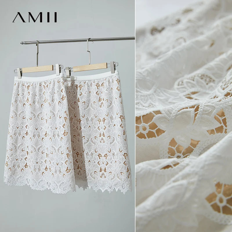 AMII Minimalist Beige Elegant Skirt Straight 2025 Summer Office Lady Romantic Flower Lace Embroidery Women Midi Skirts 12542169