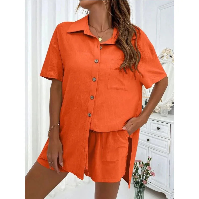 Solid Color Casual Loose Short Pants Sets For Women 2024 Elegant Summer Women's Two Pieces Suit Full Set Female Outfit Clothes
