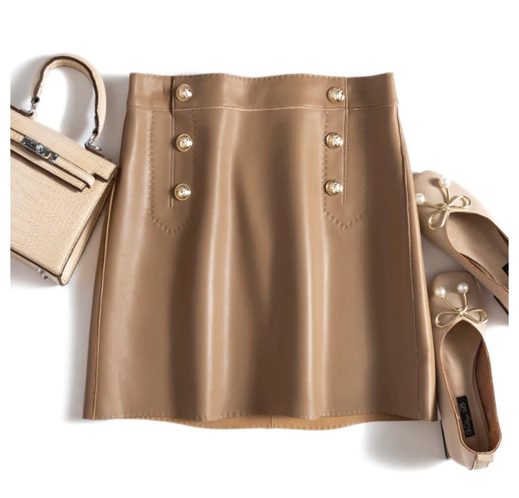 Moda Linda Lambskin Mini Skirts Women Handmade Arch Needle High Waist Wrap Leather Etek Khaki Double Breasted Metal Button Jupe