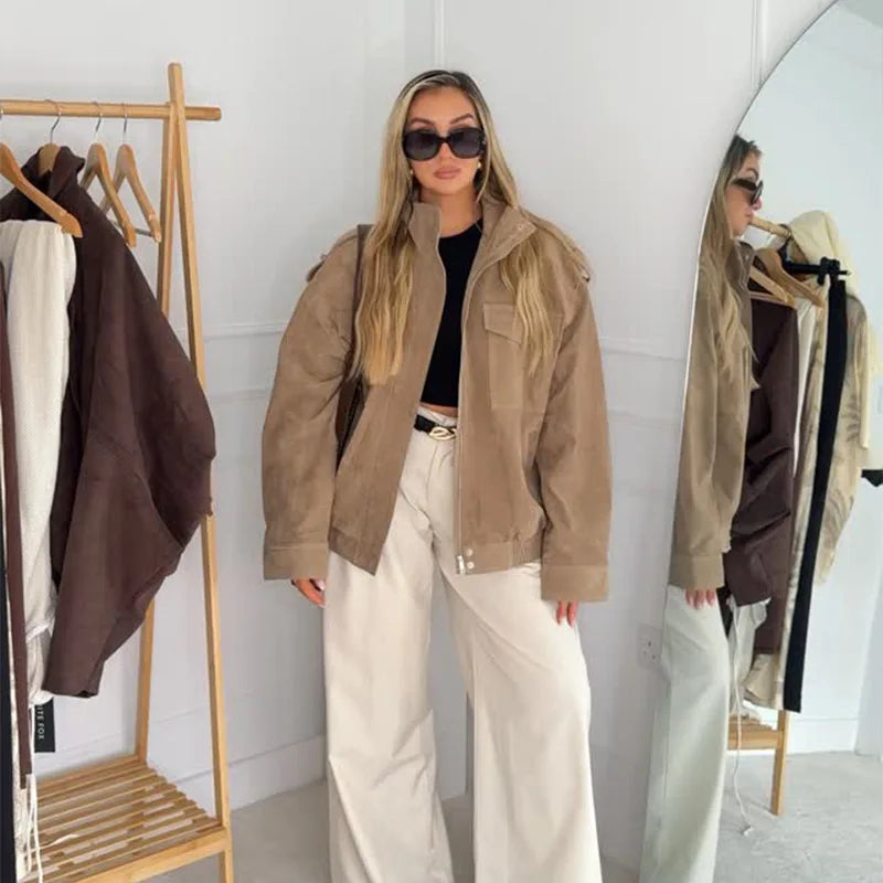 Women's Brown Suede Short Jackets Casual Lapel Zippered Full Sleeves Pocket Loose Short Coats 2025 Autumn Daily Commute Outwear