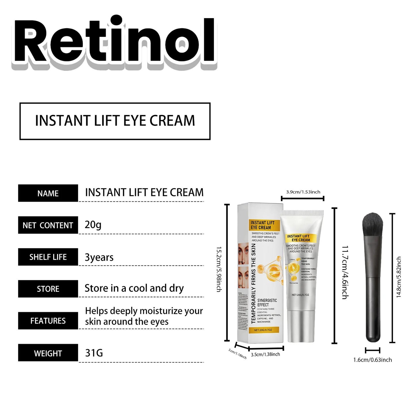 Instant Eye Care Cream With Brush Lasting Moisturizing Firming Smoothing Fine Lines Anti-Aging Eye Bag Removal Skin Care