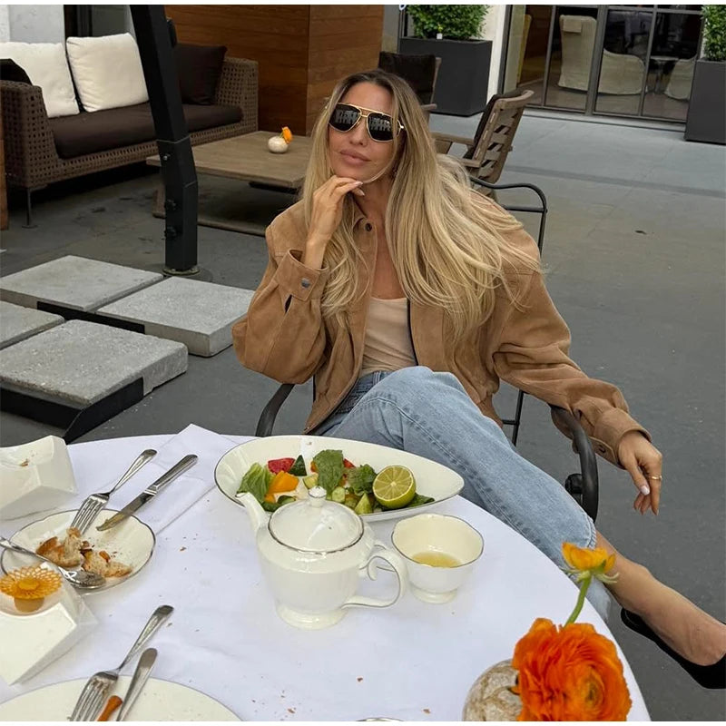 Women's Brown Suede Short Jackets Casual Lapel Zippered Full Sleeves Pocket Loose Short Coats 2025 Autumn Daily Commute Outwear