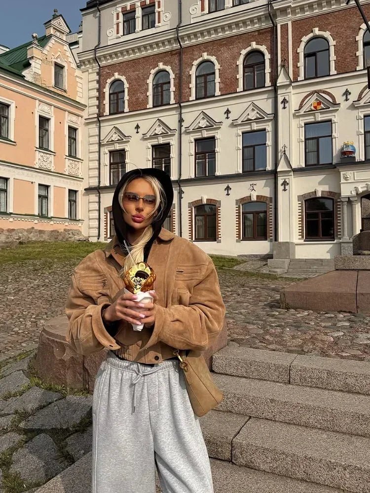 Women's Brown Suede Short Jackets Casual Lapel Zippered Full Sleeves Pocket Loose Short Coats 2025 Autumn Daily Commute Outwear