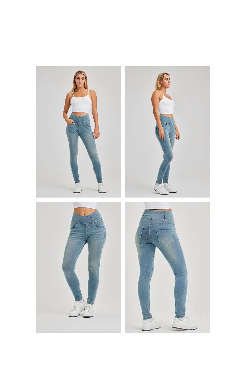 High Waist Cross Fit Women's Skinny Jeans Elastic Fitness Casual Pants Cotton Polyester Inner Lining Running Exercise Jeans