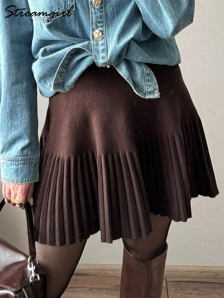 Black Mini Pleated Skirt Gray Women Elastic Waist Short Knitted Skirt For Autumn White A Line Knit Short School Skirt For Women