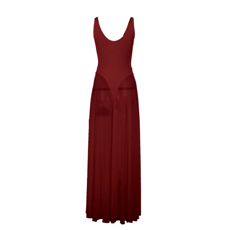 Metal Buckle Sexy Sheer Mesh Pleated Maxi Dress 2026 Fashion Deep V-Neck Spaghetti Straps Backless Long Summer Dresses for Women