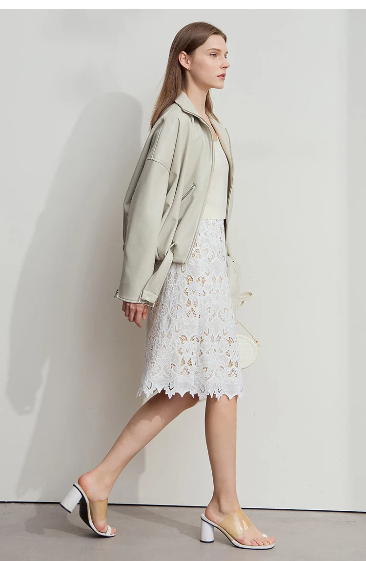 AMII Minimalist Beige Elegant Skirt Straight 2025 Summer Office Lady Romantic Flower Lace Embroidery Women Midi Skirts 12542169