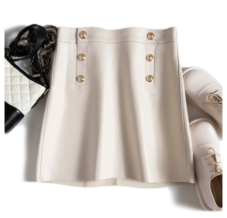 Moda Linda Lambskin Mini Skirts Women Handmade Arch Needle High Waist Wrap Leather Etek Khaki Double Breasted Metal Button Jupe