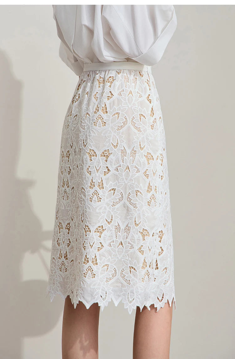 AMII Minimalist Beige Elegant Skirt Straight 2025 Summer Office Lady Romantic Flower Lace Embroidery Women Midi Skirts 12542169