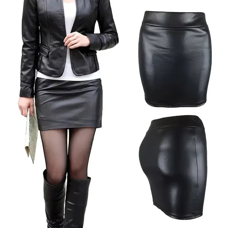Women's High-Waist Slim Fit Mini Skirt Vintage Bodycon Hip Pencil Skirt Sexy Imitation PU Clubwear Ladies Office Clothing