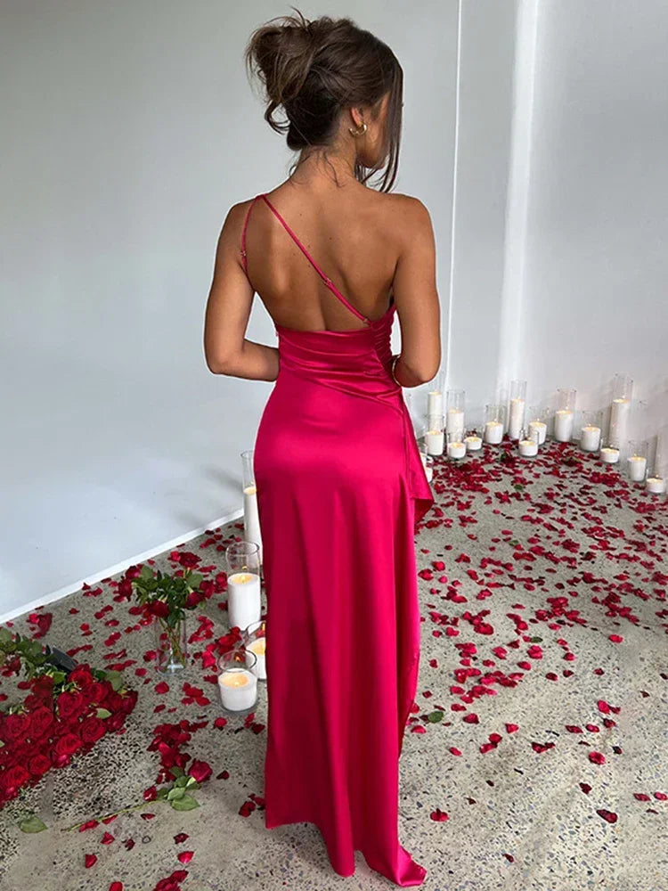 The One-Shoulder Satin Split Maxi