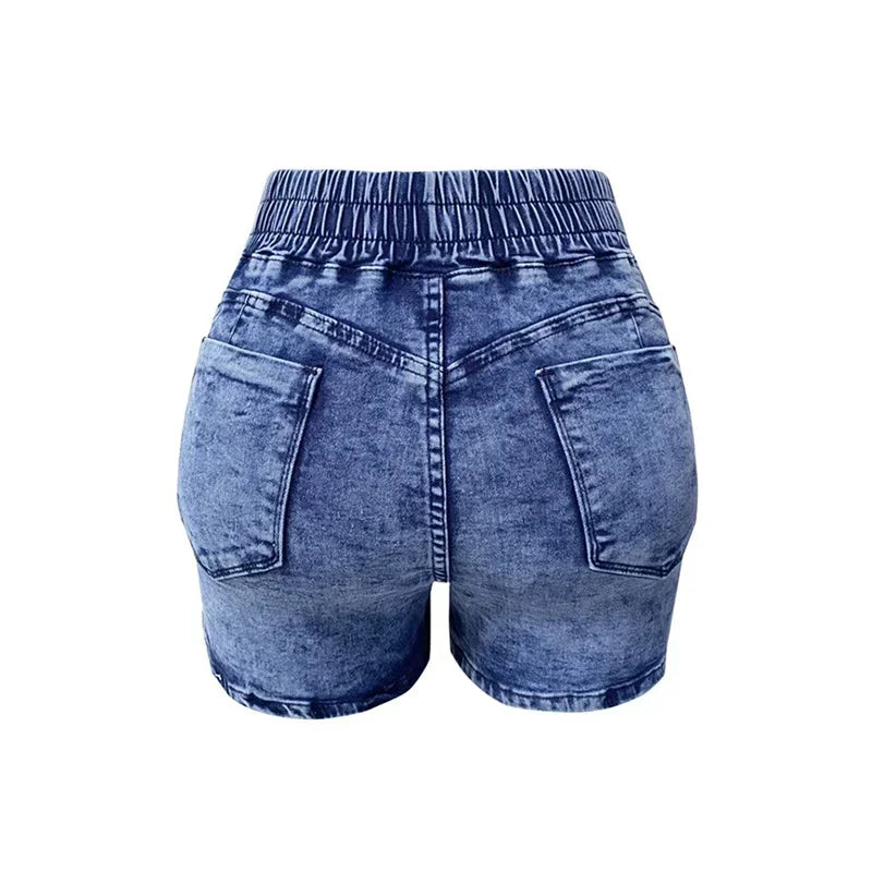 Women Stretch Lace-up Elastic Waist Denim Shorts Summer High-Waist Three Quarter Pants Female Casual Mini Tight Straight Jeans 4