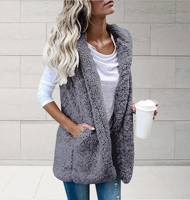Women Fleece Coats Summer Fashion Pocket Sleeveless Long Loose Waistcoats Outwear LRFZ-6699