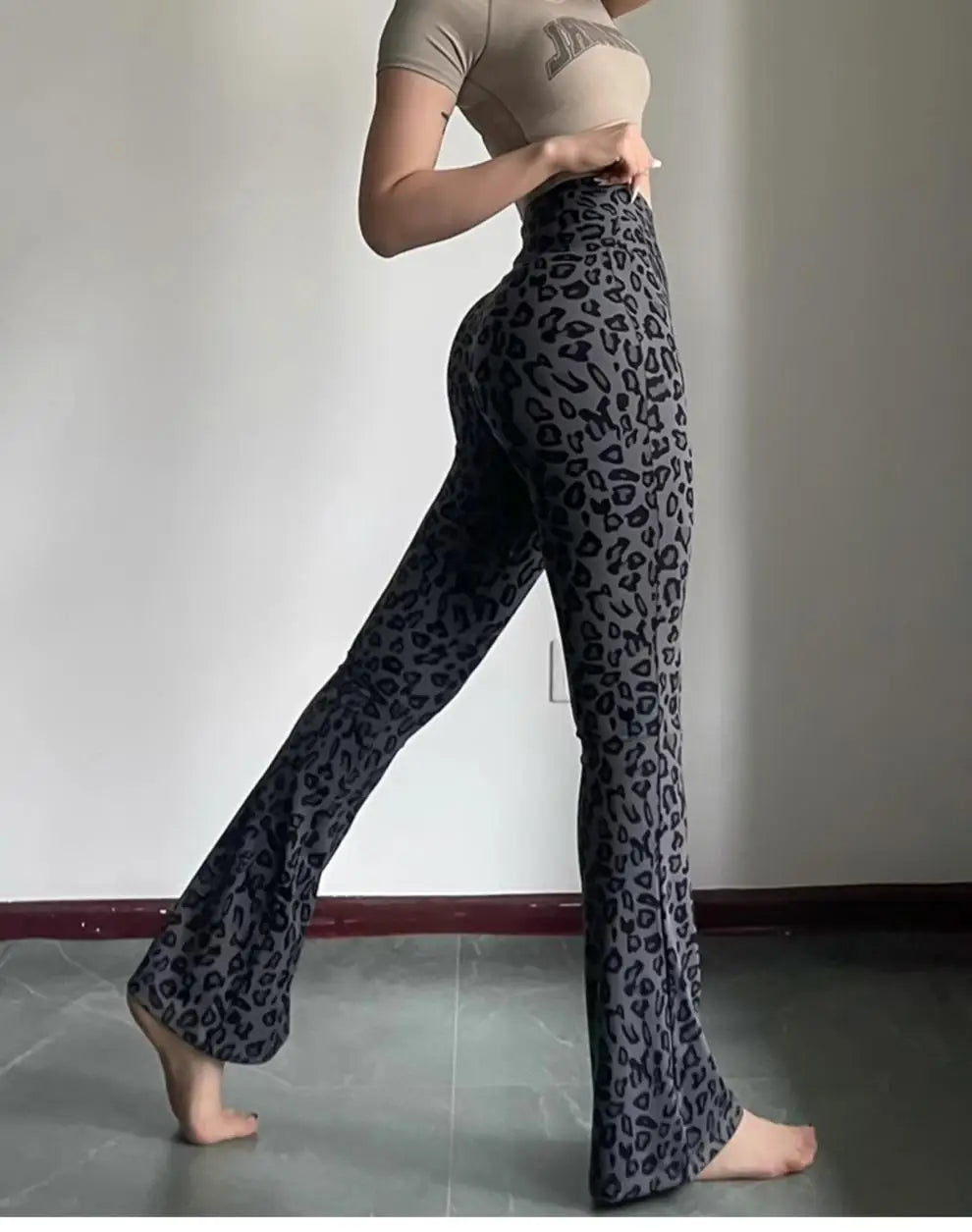 BIVIGAOS Spring Summer Leopard Print Flared Leggings Women Sharkskin High Waist Tight Sport Pilates Sexy Fitness Horseshoe Pants