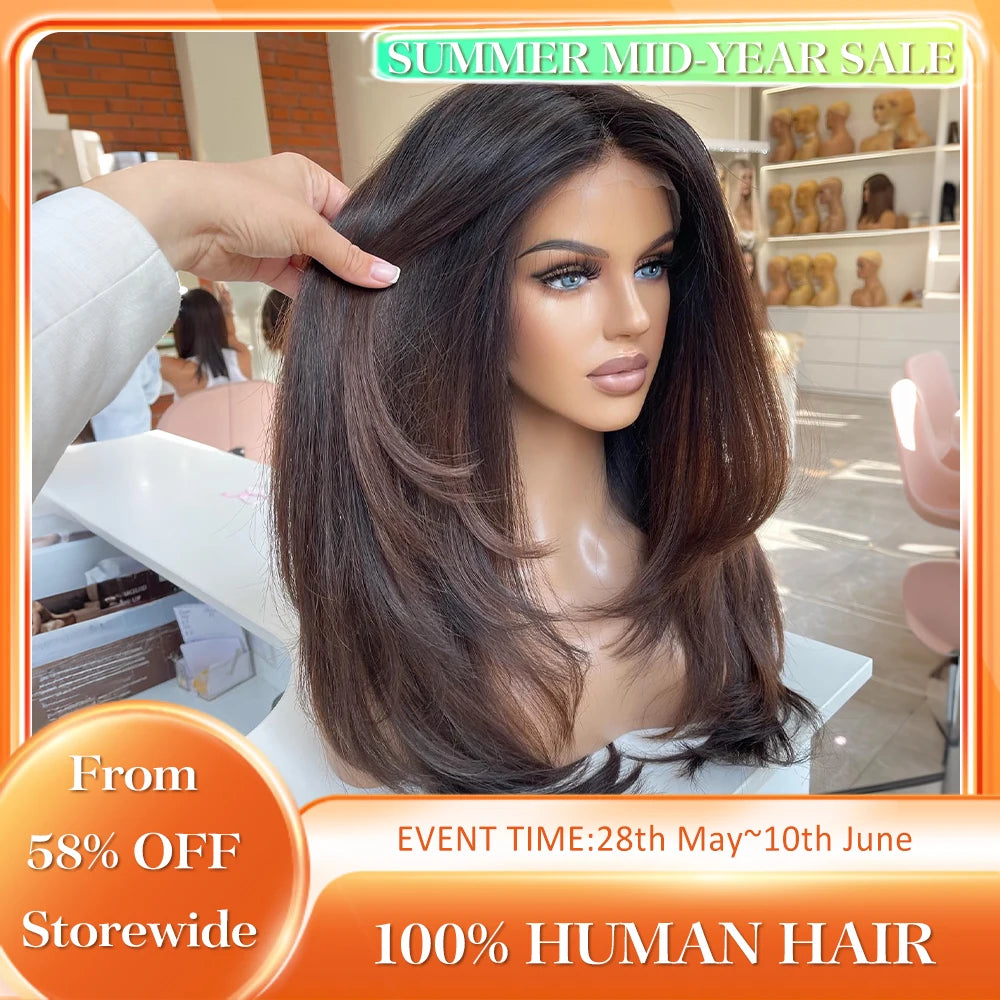 Ombre Brown Color 13x4 Lace Front Layered Wig Remy Brazilian Human Hair Pre Cut Straight Natural Black Frontal Wigs Pre Plucked