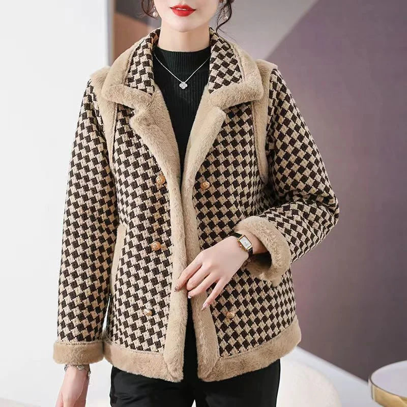New Autumn And Winter Clothes With Velvet Padded Coat Female Short Korean Version Woolen Lattice Temperament Keep Warm Coat