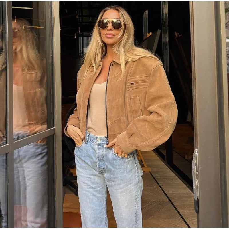 Women's Brown Suede Short Jackets Casual Lapel Zippered Full Sleeves Pocket Loose Short Coats 2025 Autumn Daily Commute Outwear