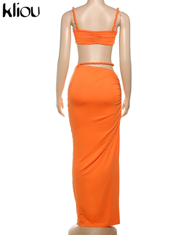 kliou Woven Sexy Women 2 Piece Set Stunning Hot Solid Pleated Crop Camisoles+High Waist Maxi Skirts Female Trend Vacation Outfit