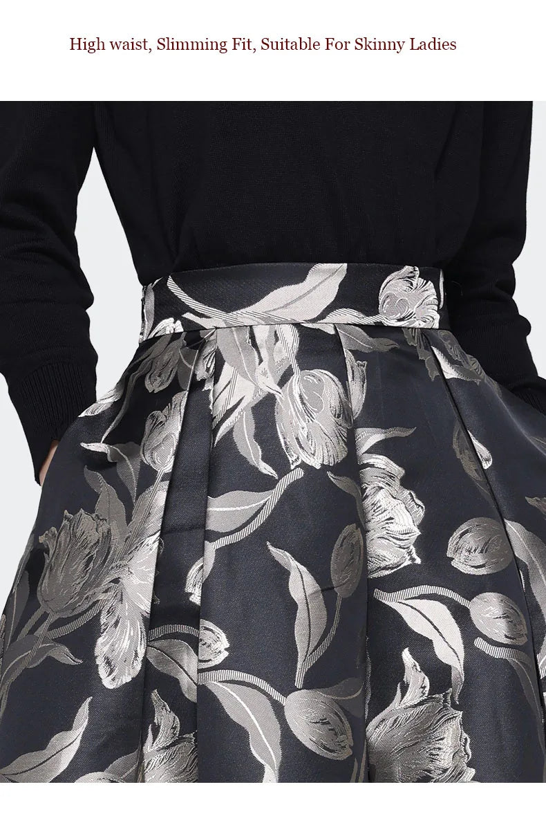 Women Grey Floral Mid-length Skirt 2024 Spring New HIgh Waist A-Line Pleated Knee-length Skirts With Pockets Tutu Skirts