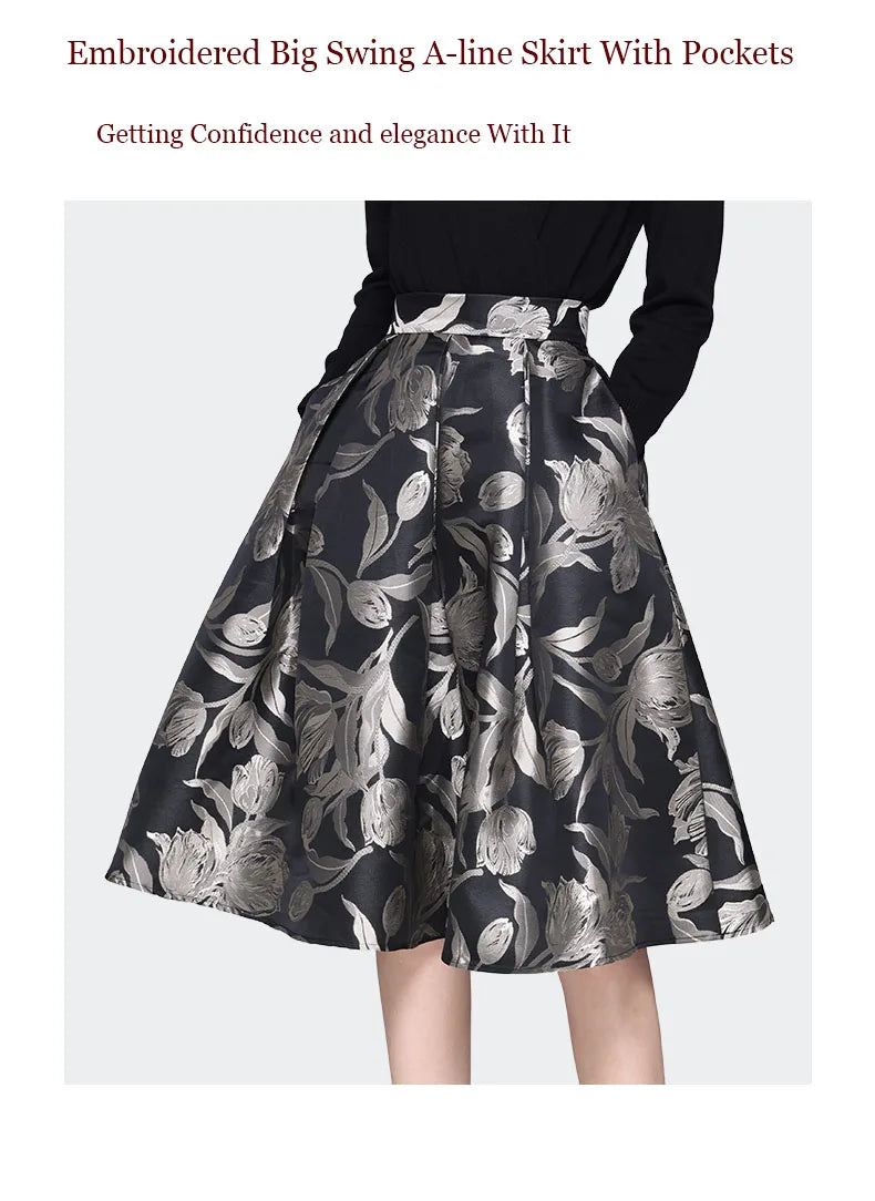 Women Grey Floral Mid-length Skirt 2024 Spring New HIgh Waist A-Line Pleated Knee-length Skirts With Pockets Tutu Skirts