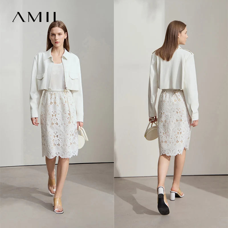 AMII Minimalist Beige Elegant Skirt Straight 2025 Summer Office Lady Romantic Flower Lace Embroidery Women Midi Skirts 12542169