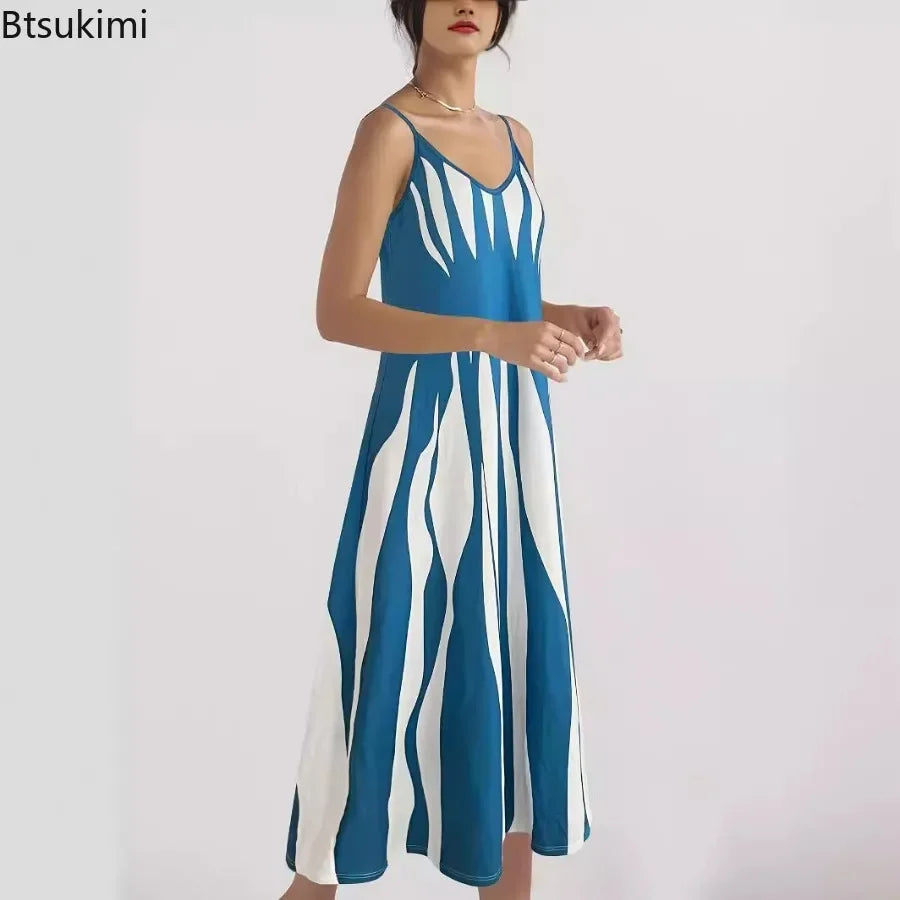 Women's Summer Sleeveless Print Sling Long Dress Vintage Loose Sundress Sexy V-neck Bohemian A-line Vacation Strappy Maxi Dress