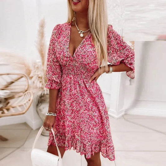 Summer Fashion Floral Dress for Women Midi Skirt Casual Tighten The Waist Pullover Printed Short Sleeves Bohemia Bright Dresses