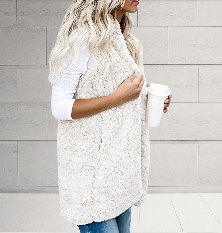 Women Fleece Coats Summer Fashion Pocket Sleeveless Long Loose Waistcoats Outwear LRFZ-6699
