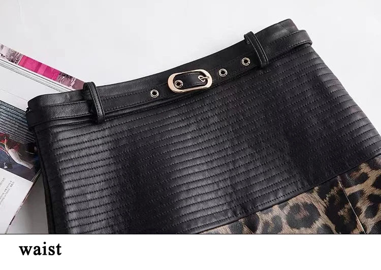 2025 New Spring Women Genuine Leather Skirt Feminino Slim Leopard Pattern Split  Wrapped Jupe Mujer Mid Length Striped Belt Saia
