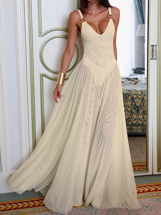 Metal Buckle Sexy Sheer Mesh Pleated Maxi Dress 2026 Fashion Deep V-Neck Spaghetti Straps Backless Long Summer Dresses for Women