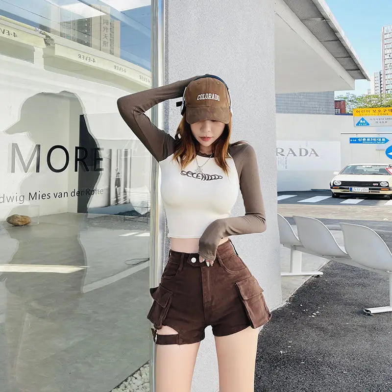 High Waisted Cargo Shorts Khaki Chic Pockets Jeans Shorts Sexy Girl Summer Clothes for Women