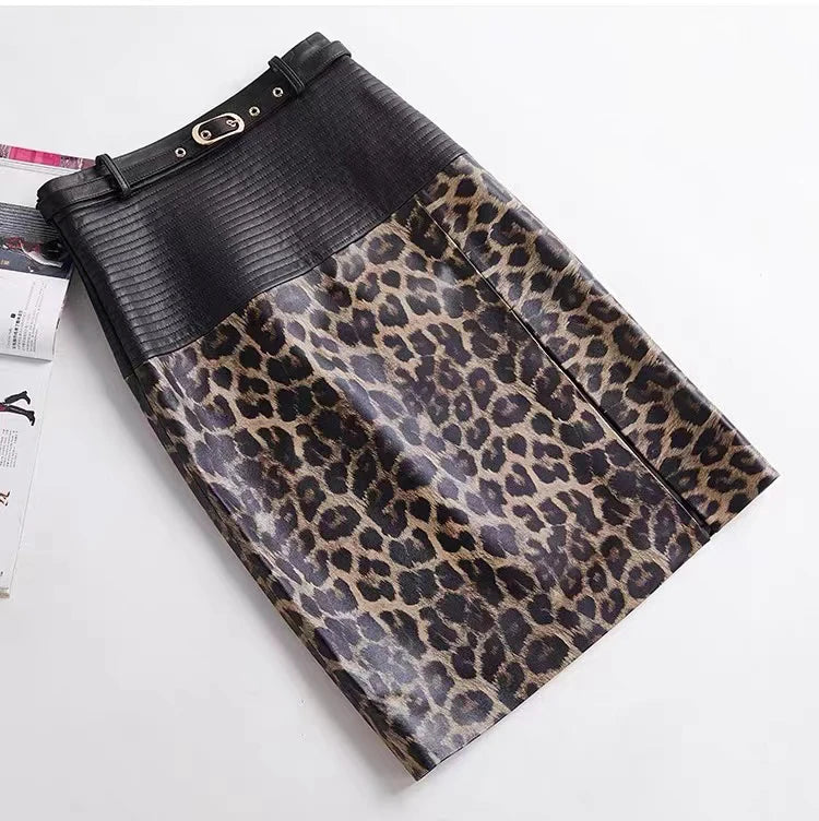 2025 New Spring Women Genuine Leather Skirt Feminino Slim Leopard Pattern Split  Wrapped Jupe Mujer Mid Length Striped Belt Saia