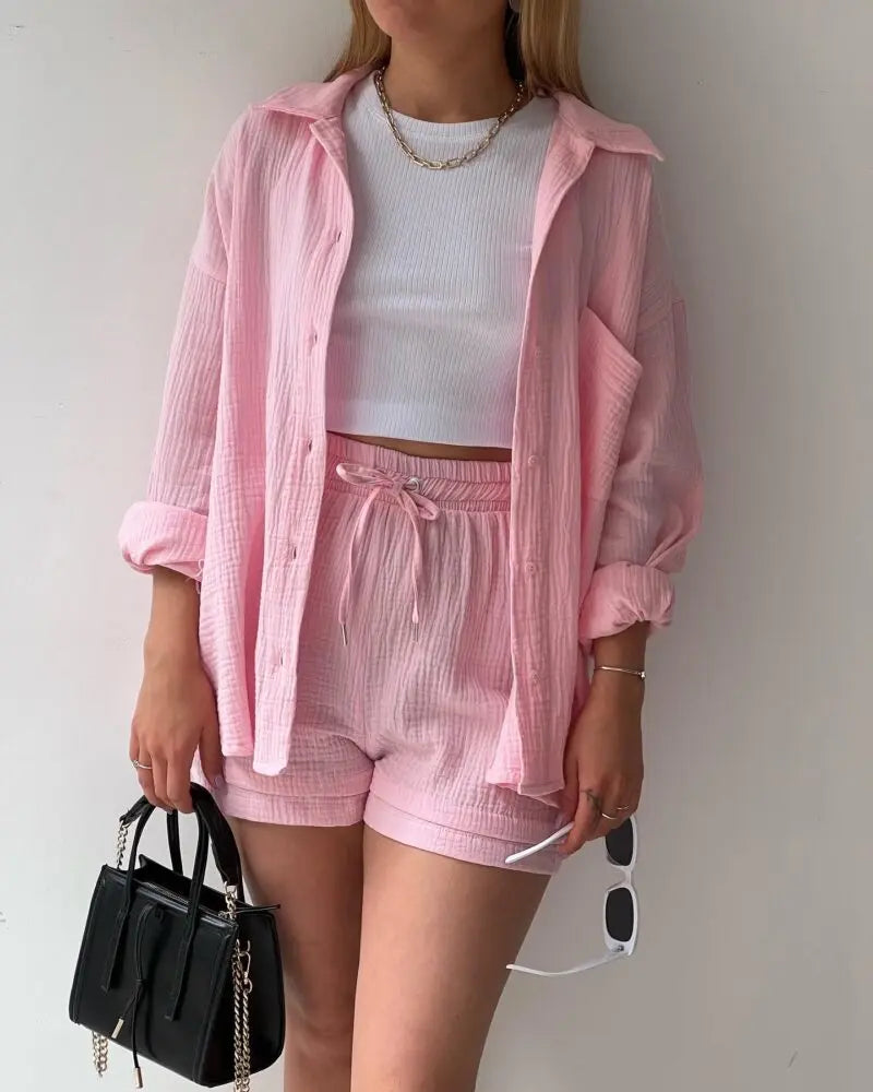 Summer Women's Suit Short Sets Outfits Muslin Suit For Women 2025 Two Piece Female Clothing Solid Button Outfits
