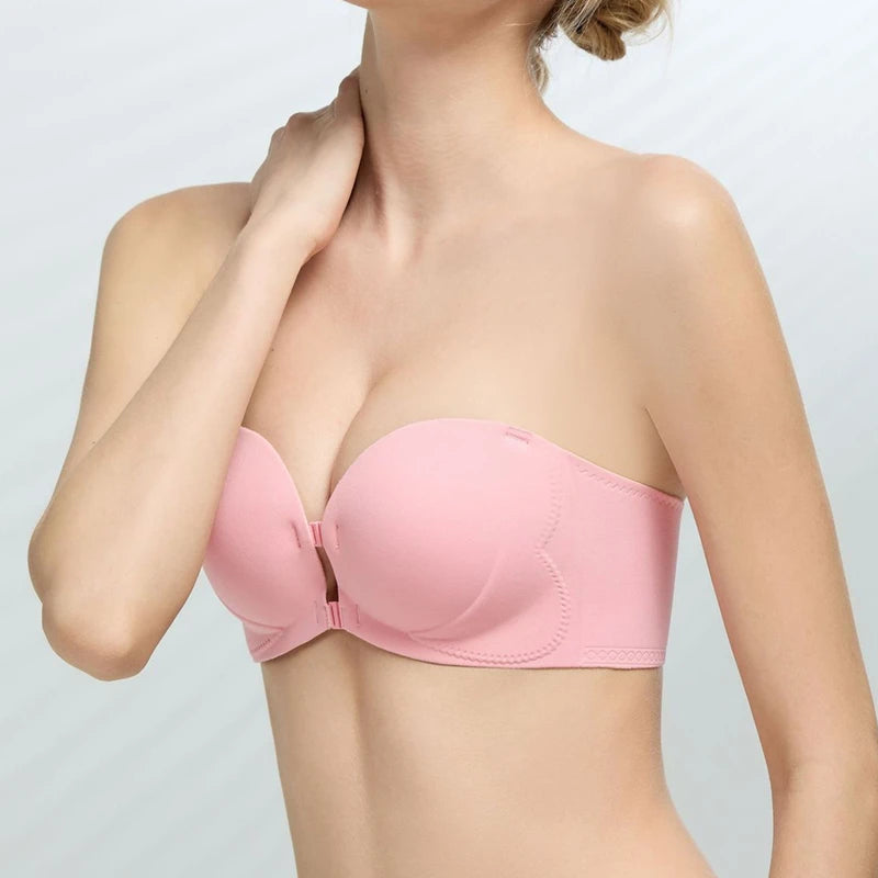 Strapless Anti-Slip Bra for Women with Small Breasts Front Buckle Gathered Design to Enhance Bust Size And Thickness