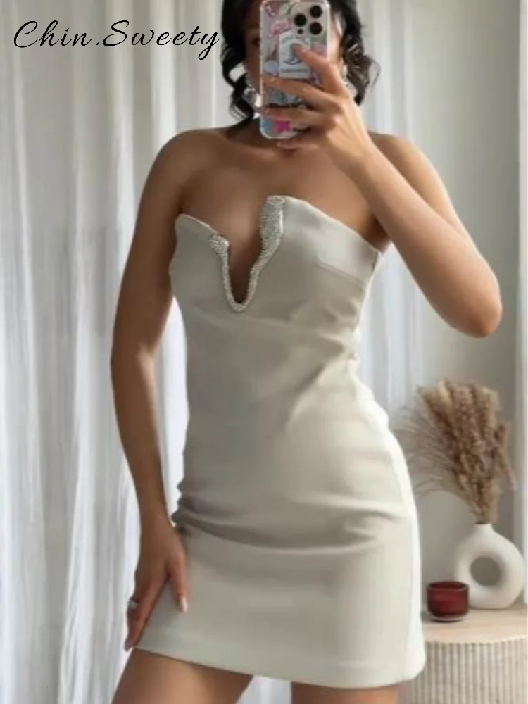 Sexy Asymmetric Rhinestone Short Skirt Set Women Solid  Strapless Sleeveless Crop Tops Mini Skirts 2026 Spring Lady Elegant Gown