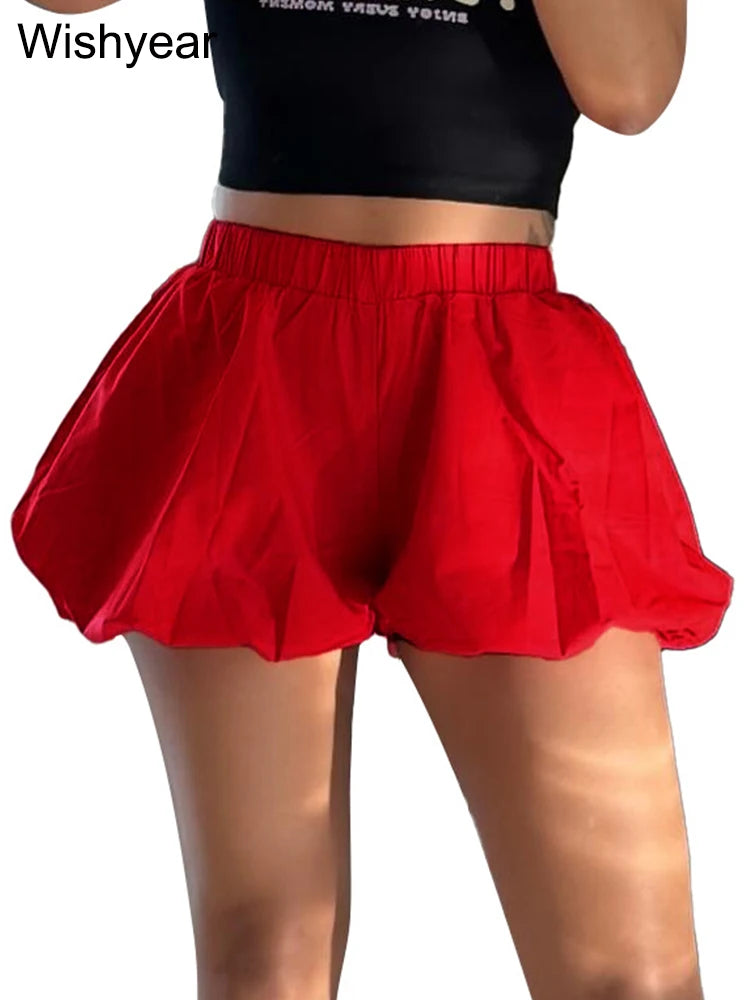 Casual Pleated Double Bubble Baddie Shorts for Women Elastic Waist Red Pants Summer Beach Y2k Streetwear Vacation Club Outfit