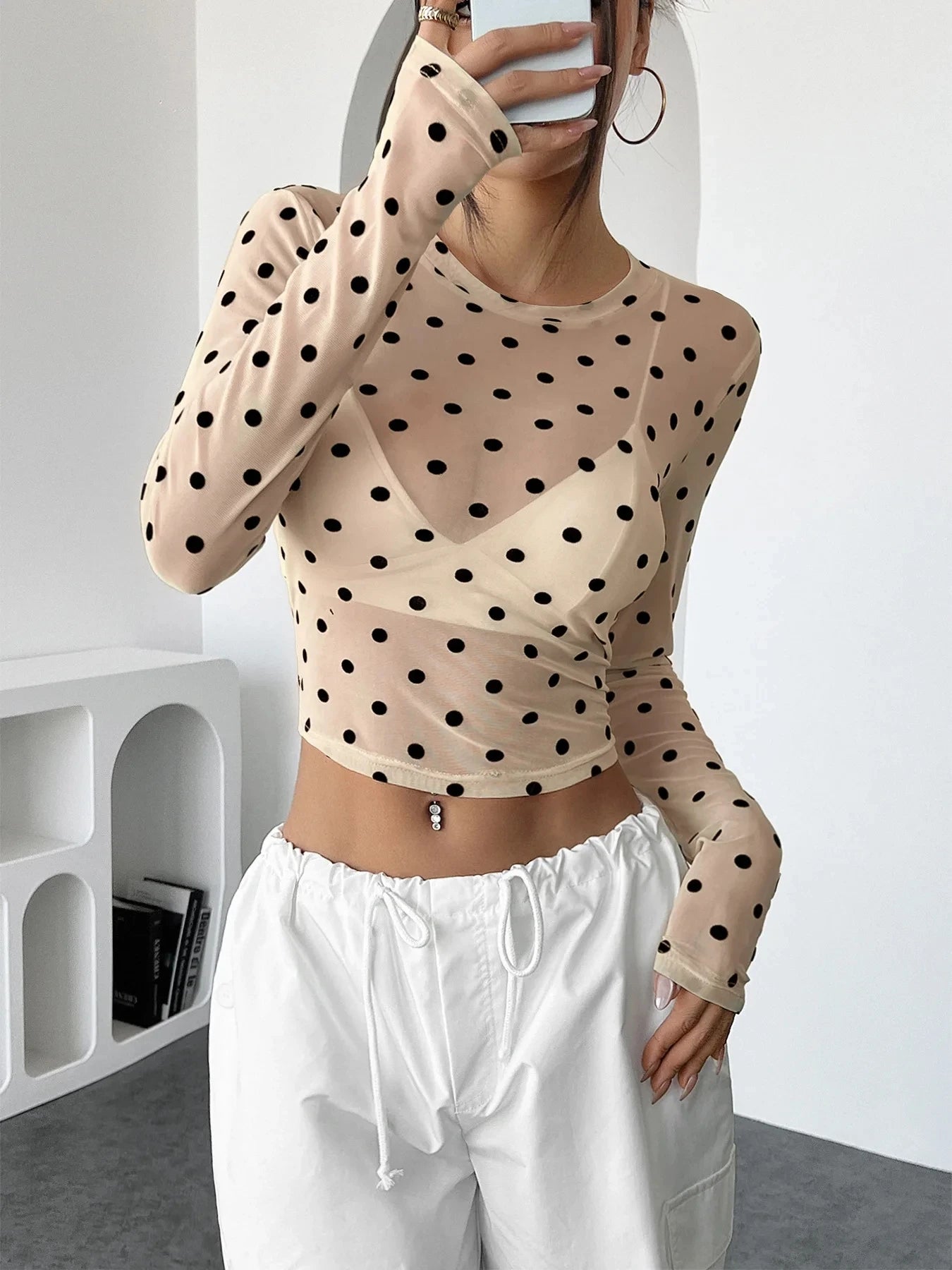 Women's Polka Dot Long Sleeve Mesh Top See through Sheer Blouse Y2K Crop Top for Date Night Club Party Going out Sexy Clothes