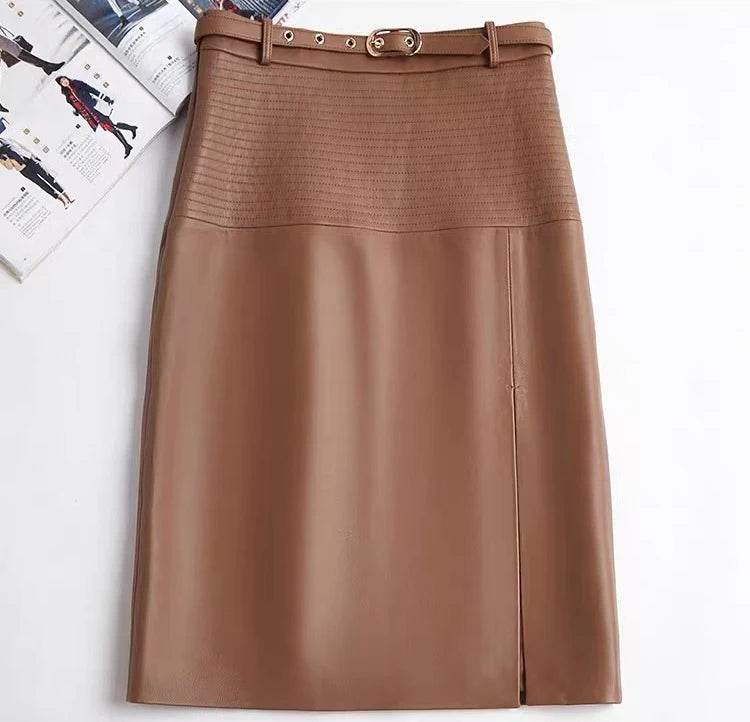 2025 New Spring Women Genuine Leather Skirt Feminino Slim Leopard Pattern Split  Wrapped Jupe Mujer Mid Length Striped Belt Saia