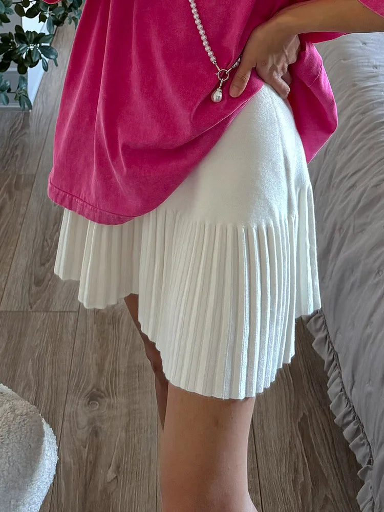 Black Mini Pleated Skirt Gray Women Elastic Waist Short Knitted Skirt For Autumn White A Line Knit Short School Skirt For Women