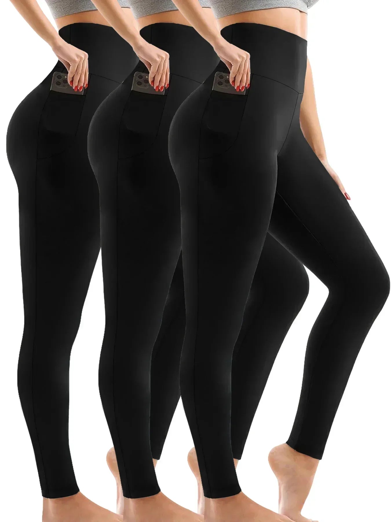 3 Pack Super Soft Leggings with Pockets for Women, High Waisted Tummy Control Workout Yoga Running Pants Leggings